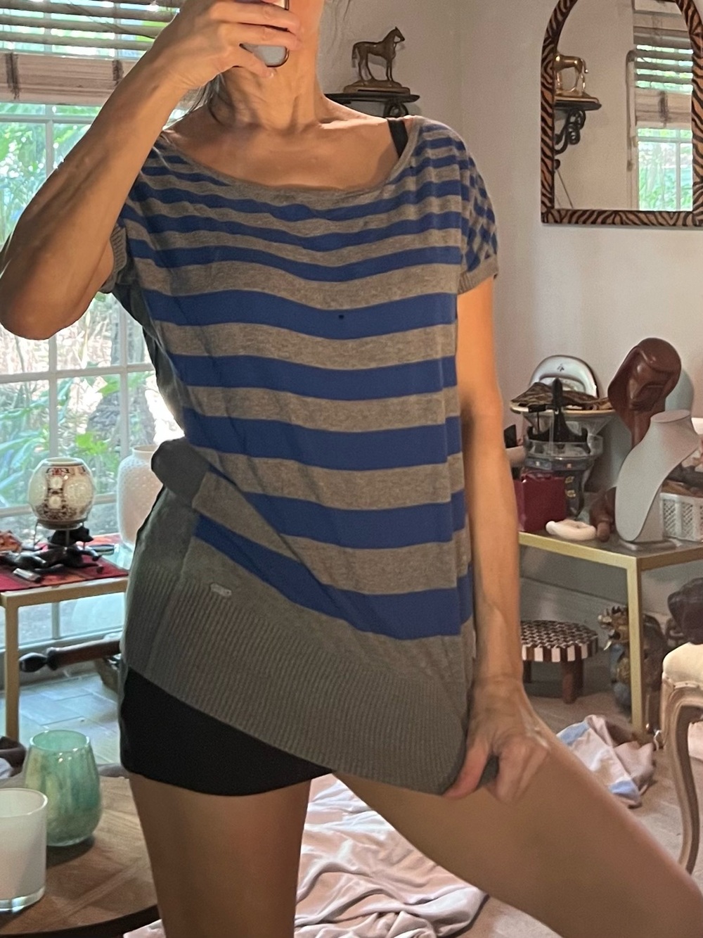 Striped Boatneck Short Sleeve Sweater Top - Blue and Gray see pic #4